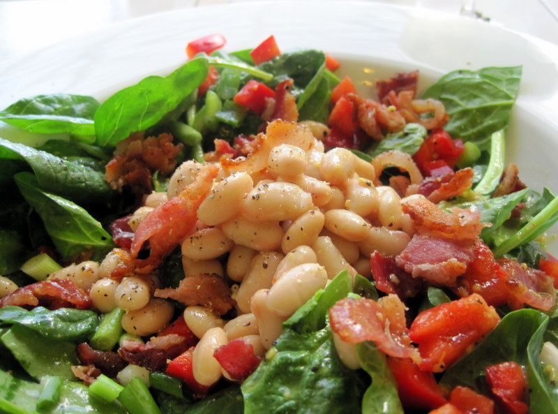 Spinach, White Bean, Bacon Salad, with Maple Syrup Vinaigrette