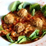 Mexican Chorizo Meatball Soup. With fresh spinach and myacoba beans.