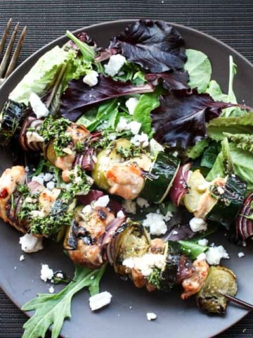 Chicken, zucchini and tomatillo kabobs with mint vinaigrette.