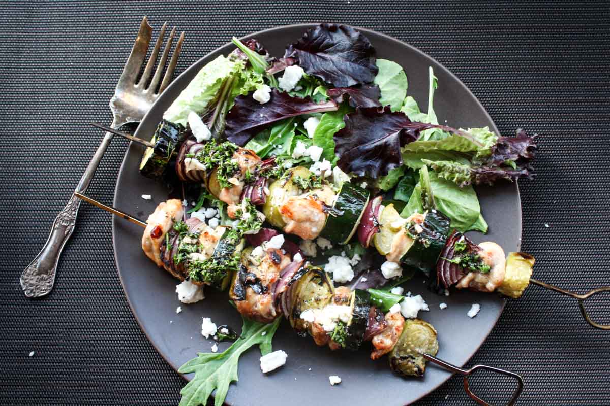 Chicken, zucchini and tomatillo kabobs with mint vinaigrette.