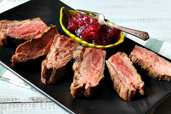 Easy pan seared flank steak recipe with red onion marmalade