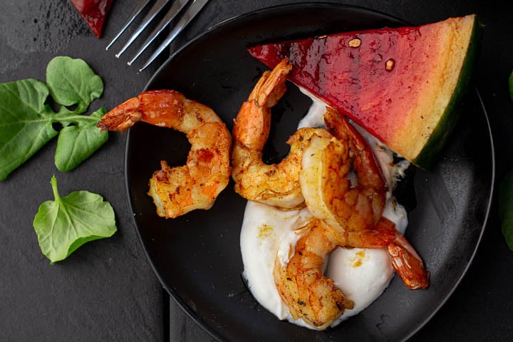 grilled watermelon salad with curried shrimp, greek yogurt and watercress salad