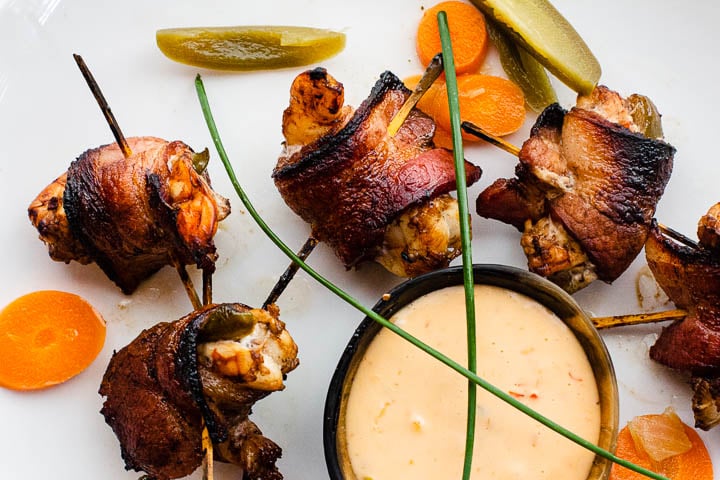 Broiled bacon wrapped shrimp with dipping sauce