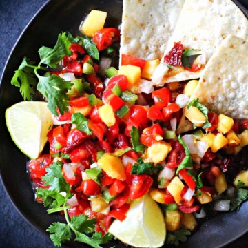 spicy peach salsa recipe served with tortilla chips
