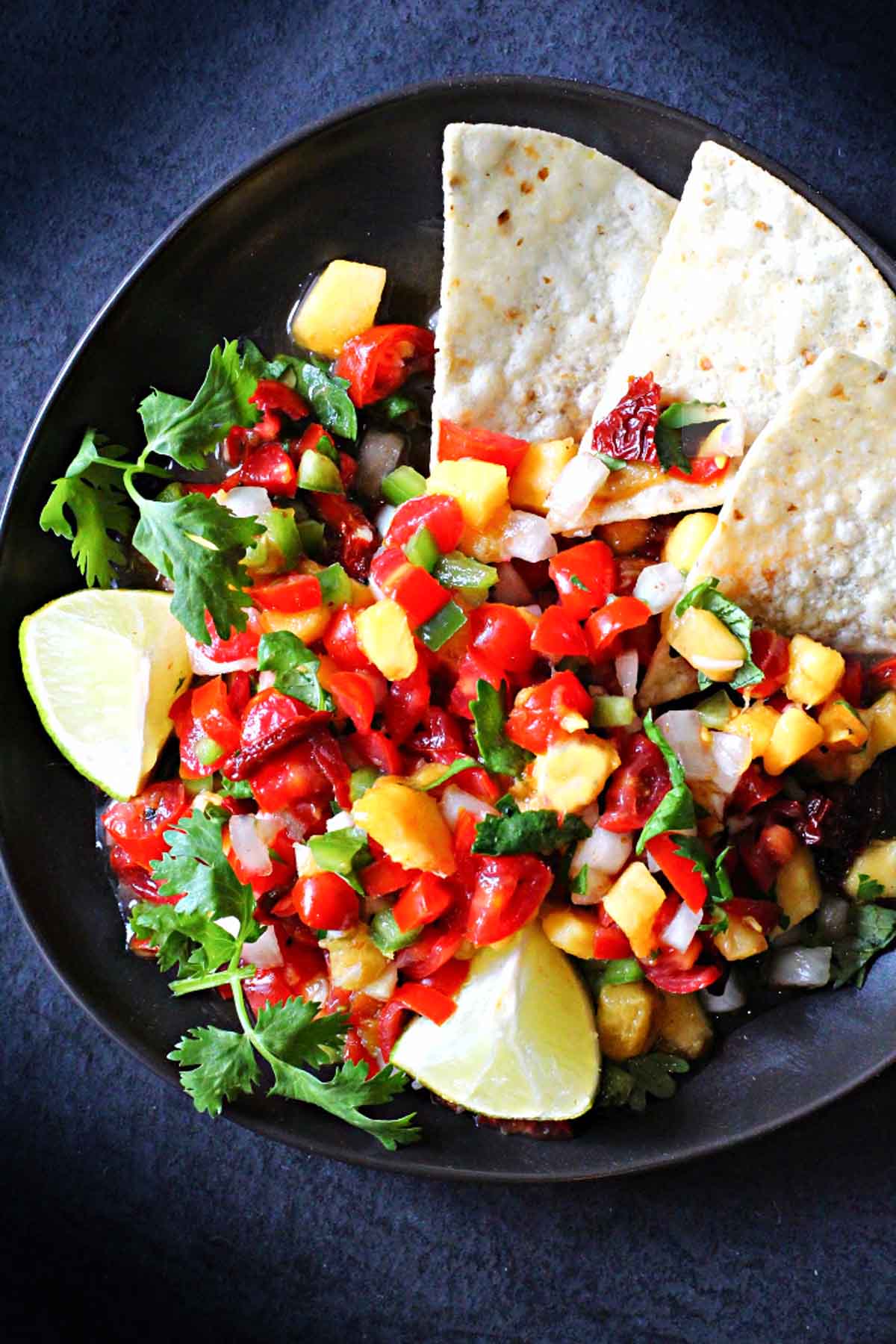 spicy peach salsa recipe served with tortilla chips