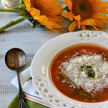 Italian Minestrone soup in an Italian lattice bowl.