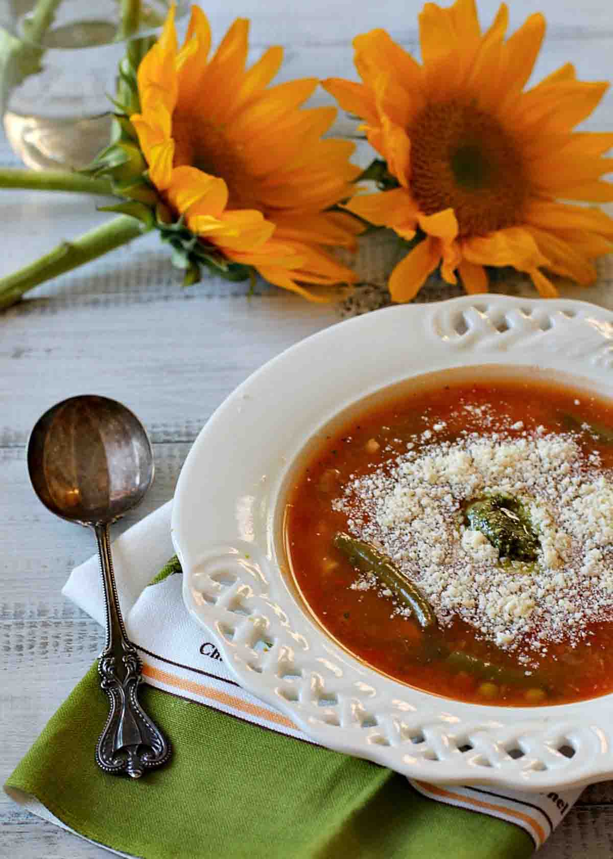 Italian Minestrone soup in an Italian lattice bowl.