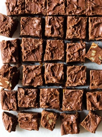 Old fashioned fudge made with marshmallow fluff cut into squares