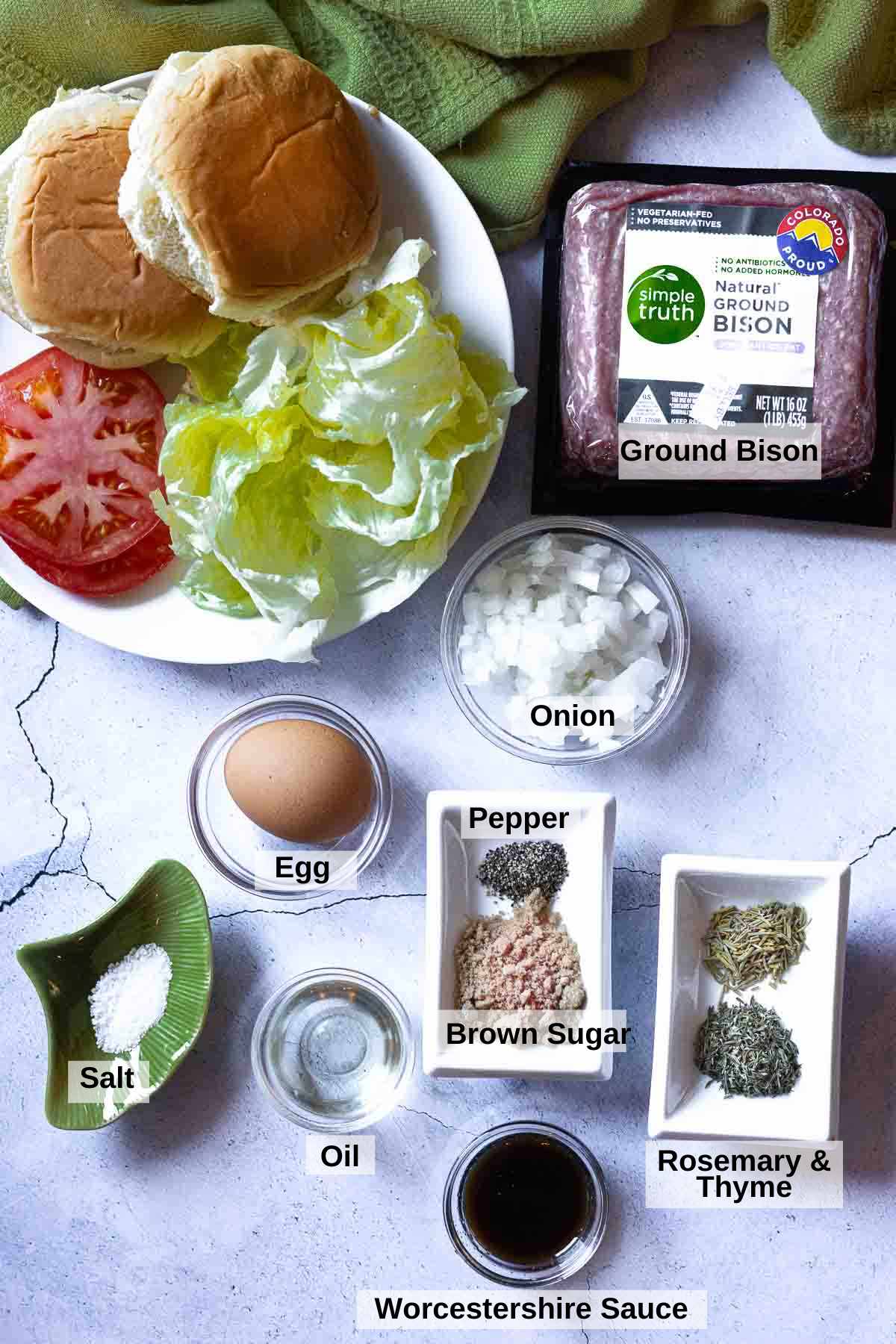 Ingredients to make buffalo burgers.