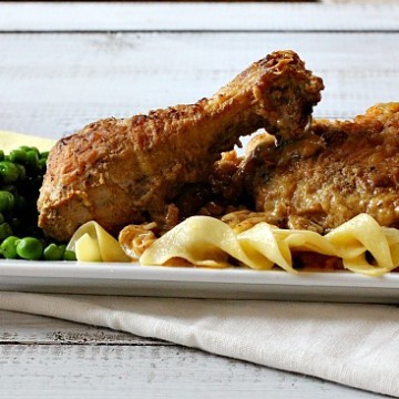 Braised chicken legs and thighs are cooked in a luxurious veal demi-glace brown mustard sauce. Nice and sticky.