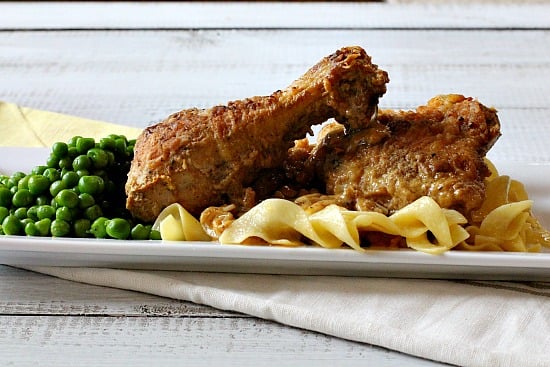 Sticky Lips Chicken. Chicken thighs and legs are browned and braised in a rich veal stock and brown mustard sauce.