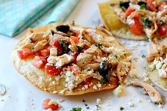 Homemade chicken tostada recipe with feta and olives. Easy Mexican Dish for a weeknight meal.