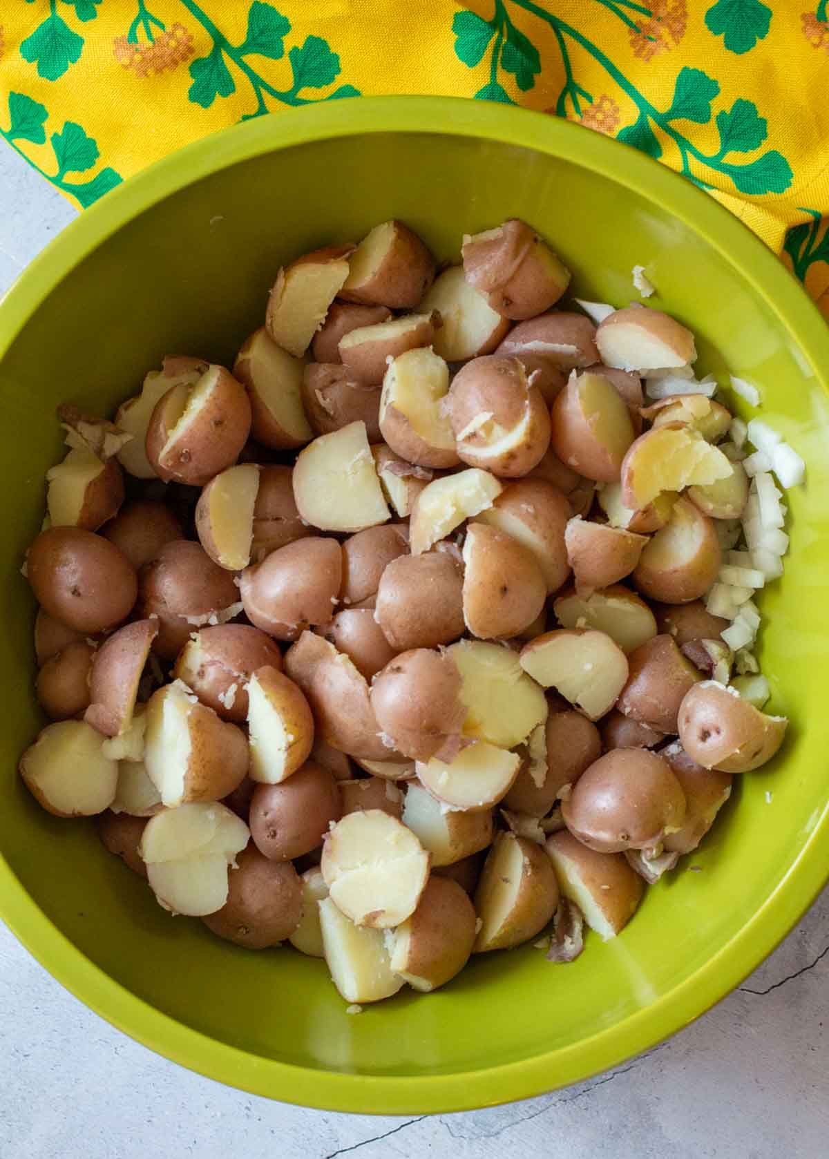 Cooked red potatoes to make classic potato salad.