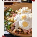 Pinterest image for ham hash with mustard cream sauce.