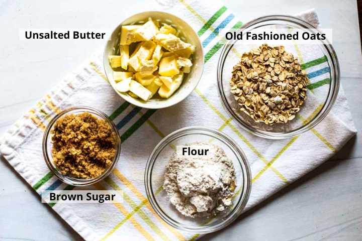 Ingredients to make oatmeal streusel topping for peach pie with canned peaches.