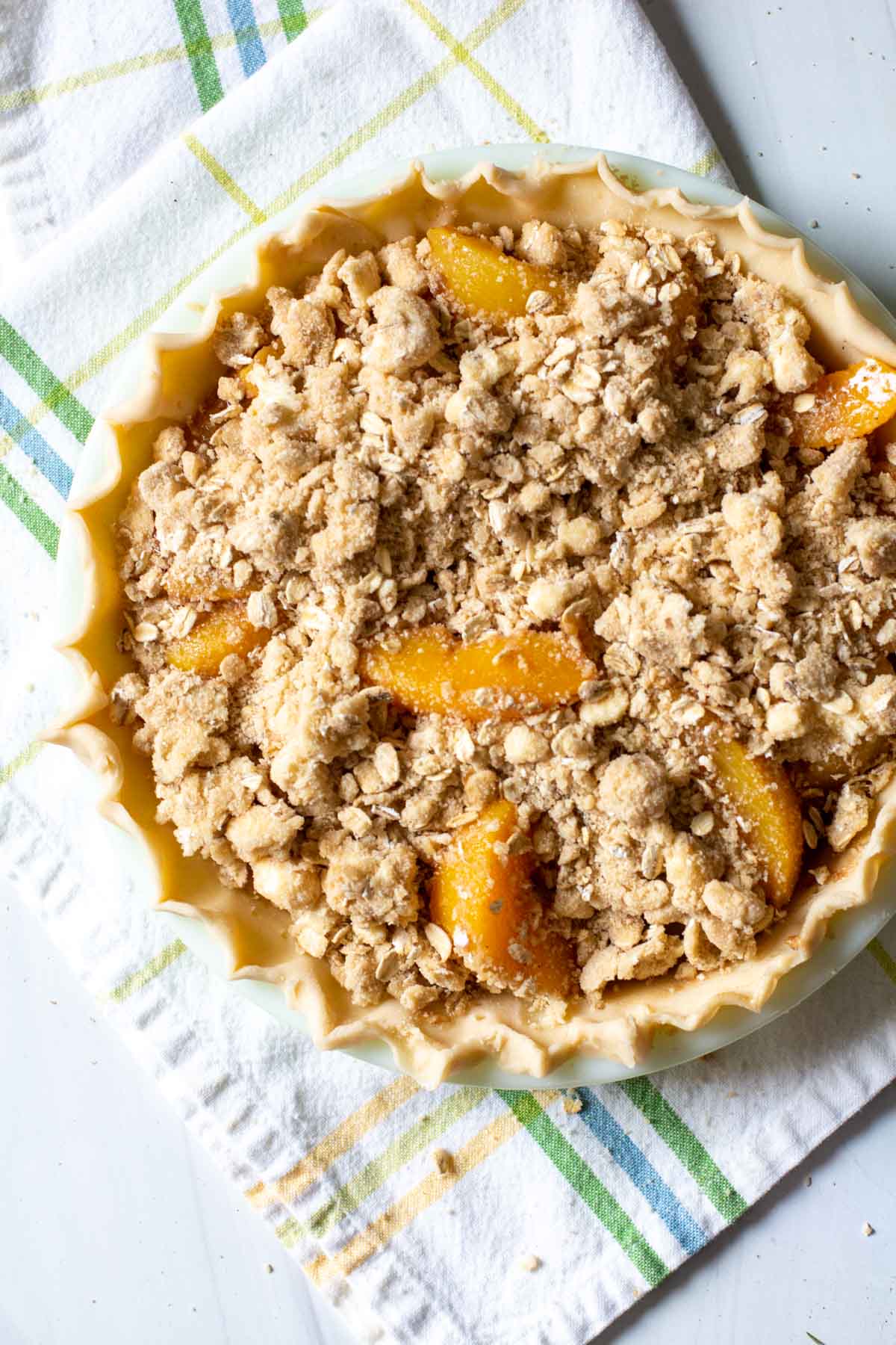 Streusel topping for peach pie made with canned peaches.