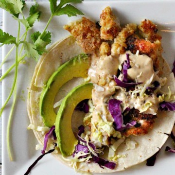 Panko battered fish tacos with hoisin tarter sauce