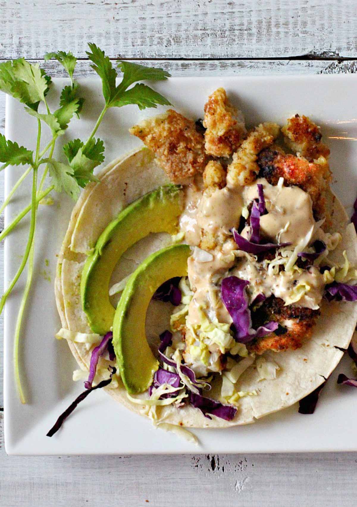 Panko battered fish tacos with hoisin tarter sauce