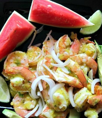 Jamaican Inspired Shrimp Salad with Mango Vinaigrette, watermelon and avocado