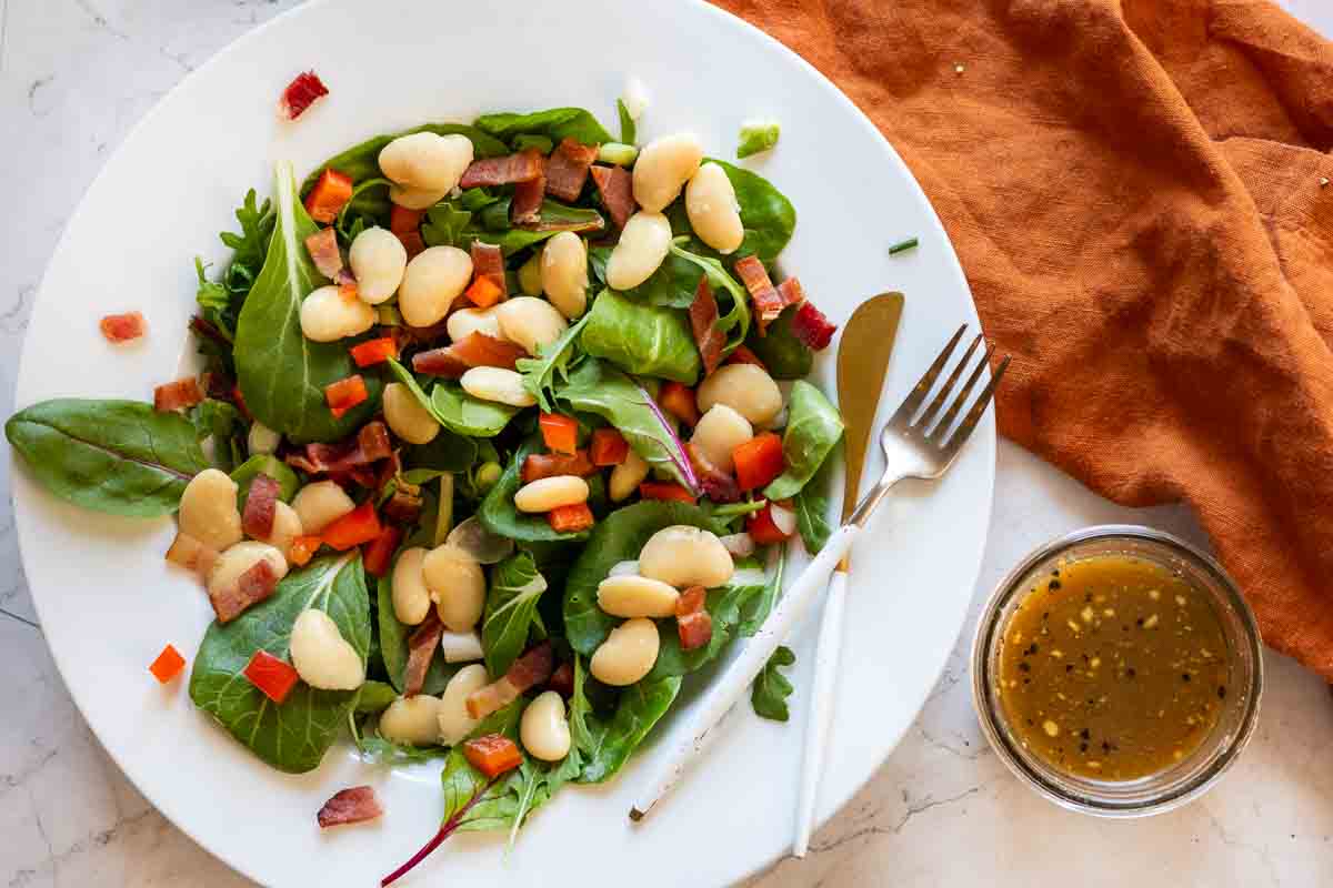 Butter Bean Salad in a white serving bowl.