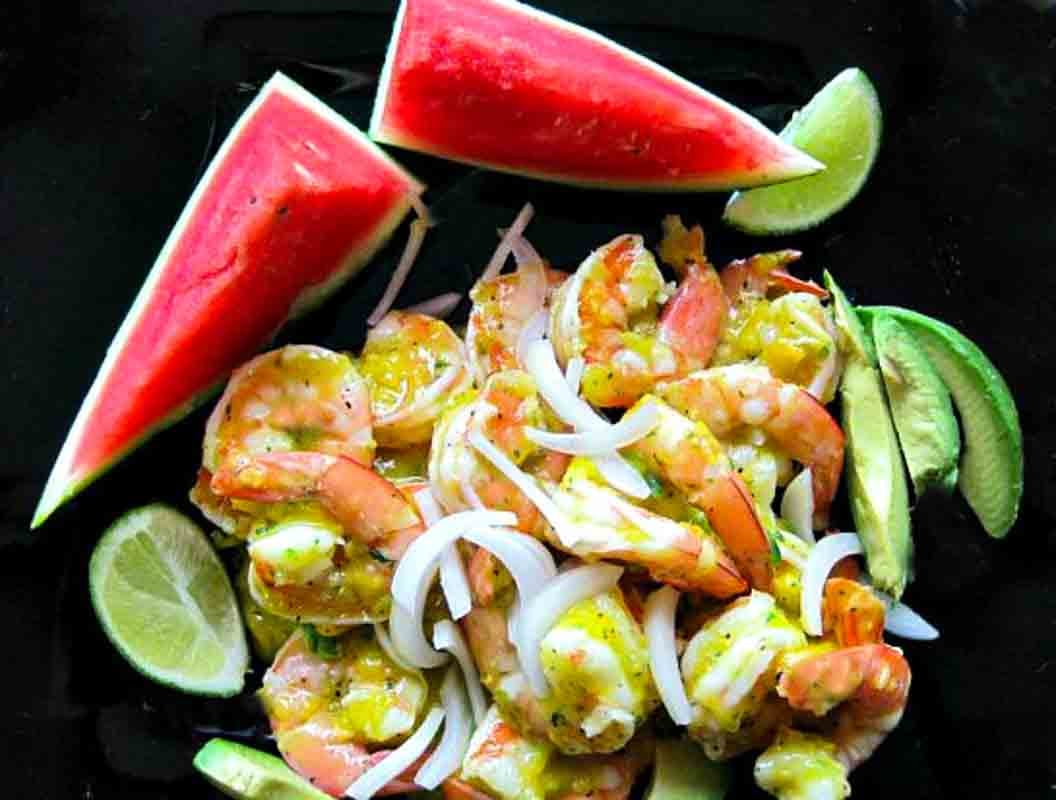 Mango dressing with shrimp salad and watermelon.