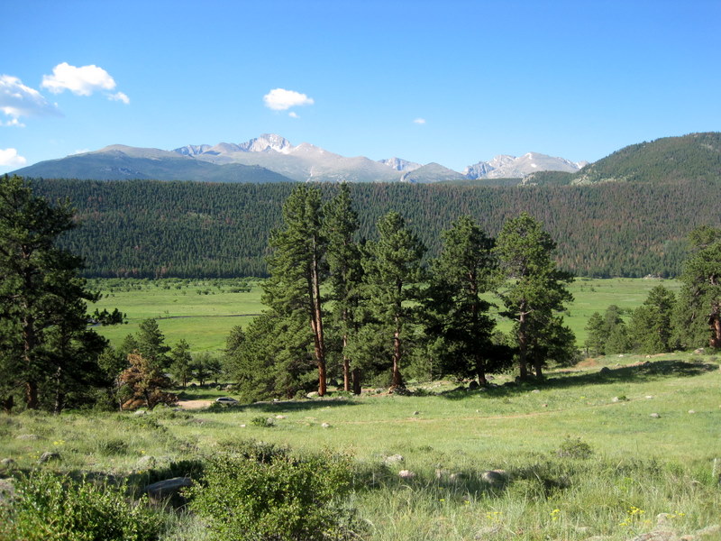 View of Long's Peak from Moraine Park Campground. Camping at Rocky Mountain National Park.