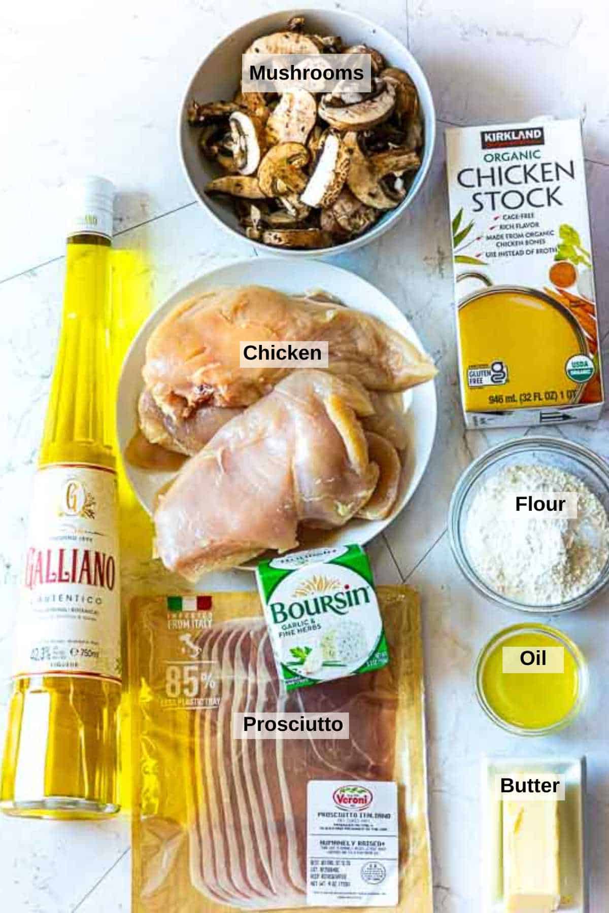 Ingredients to make Galliano chicken with Boursin cheese.