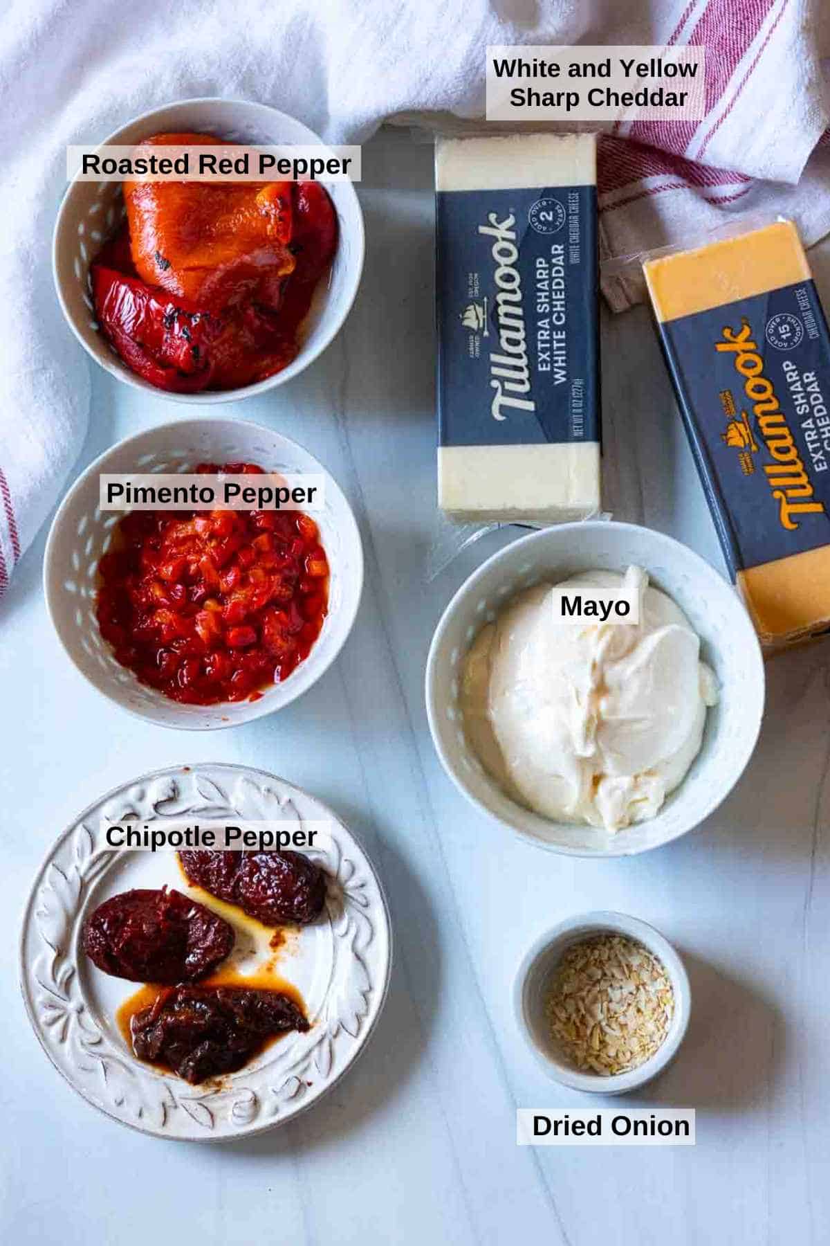 Ingredients to make spicy pimento cheese spread.