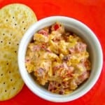 Spicy pimento cheese spread without cream cheese, served with ritz crackers.