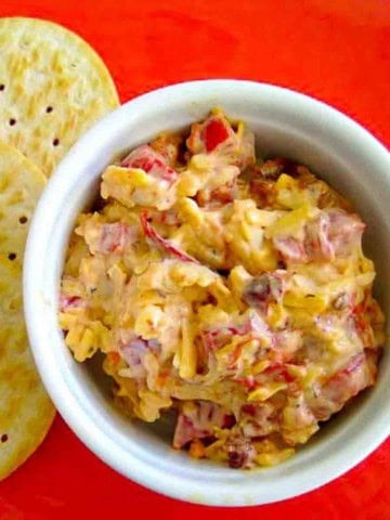 Spicy pimento cheese spread without cream cheese, served with ritz crackers.