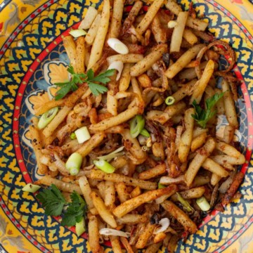 Turkish fries seasoned with aleppo pepper and served in a colorful bowl