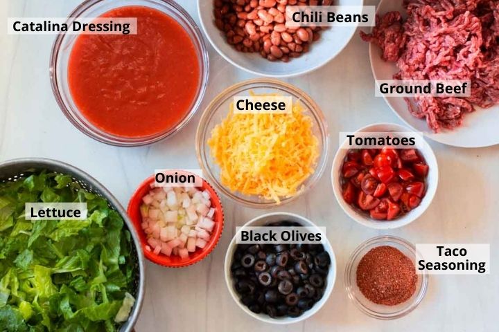 Ingredients to make taco salad with Doritos
