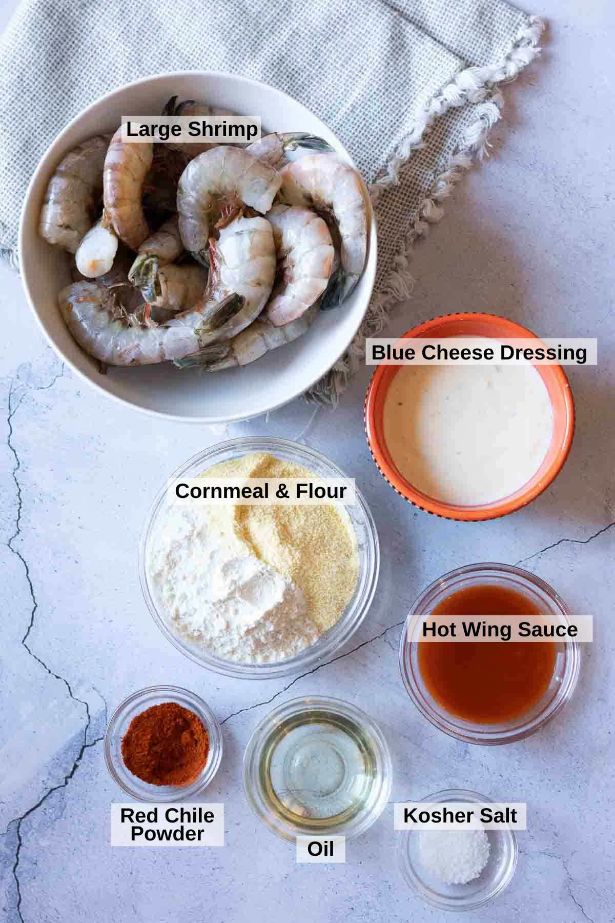 Ingredients to make buffalo shrimp appetizer.