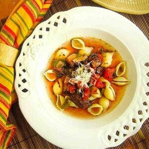 Italian sausage soup with red wine and pasta shells.