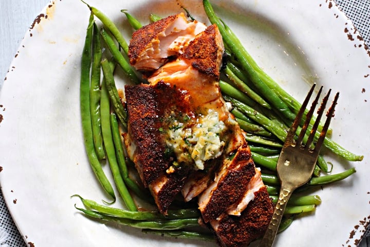Spice Rubbed Salmon with Cilantro Lime Butter.