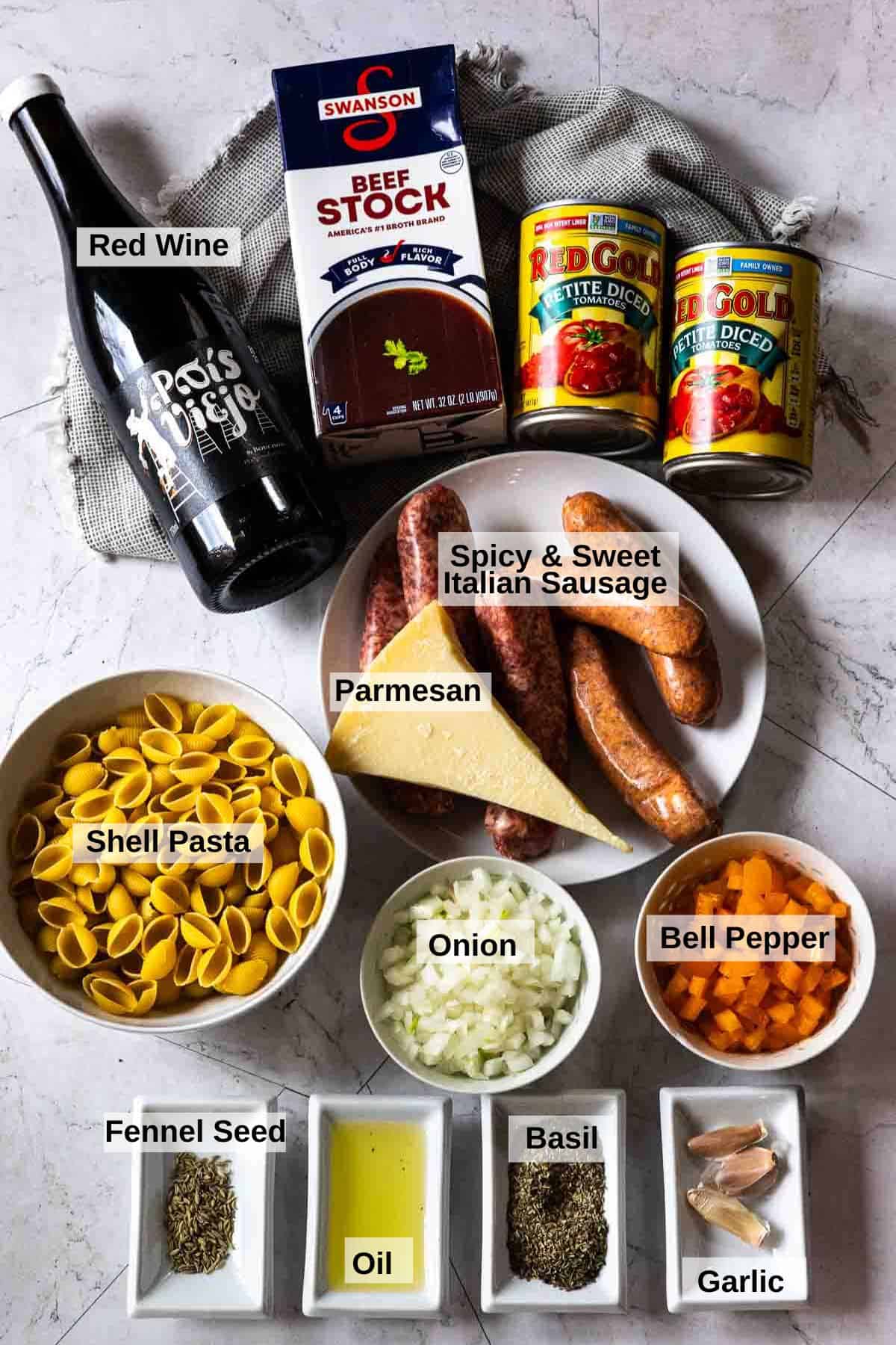 Ingredients to make Italian Sausage Soup with Red Wine and Pasta Shells