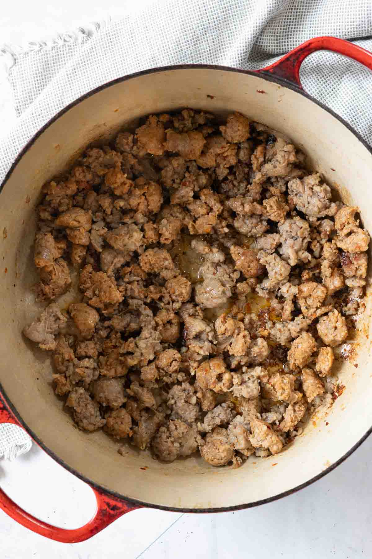 Step 2: browning Italian Sausage to make Italian Sausage Soup.