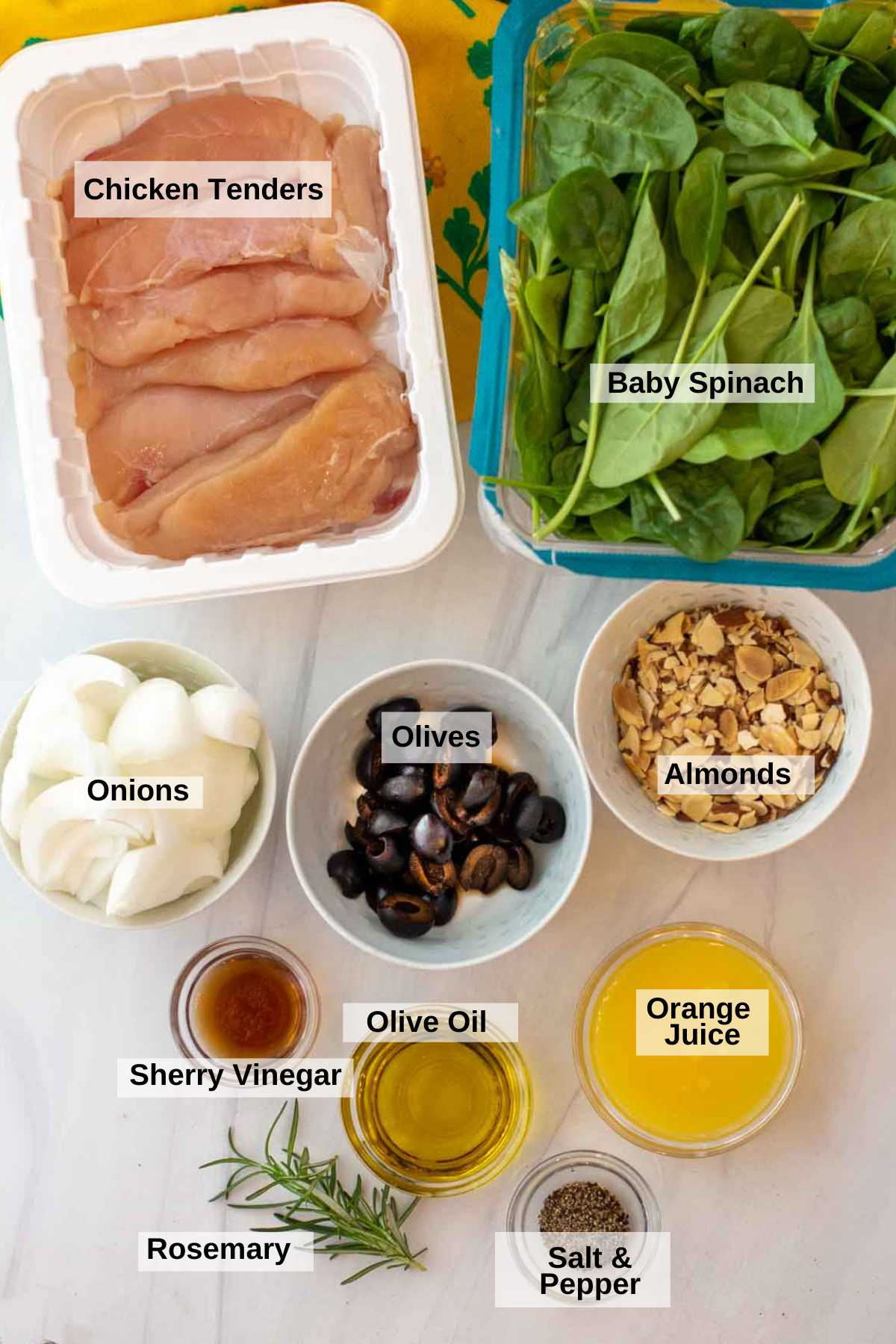 Ingredients to make wilted spinach salad with grilled chicken.