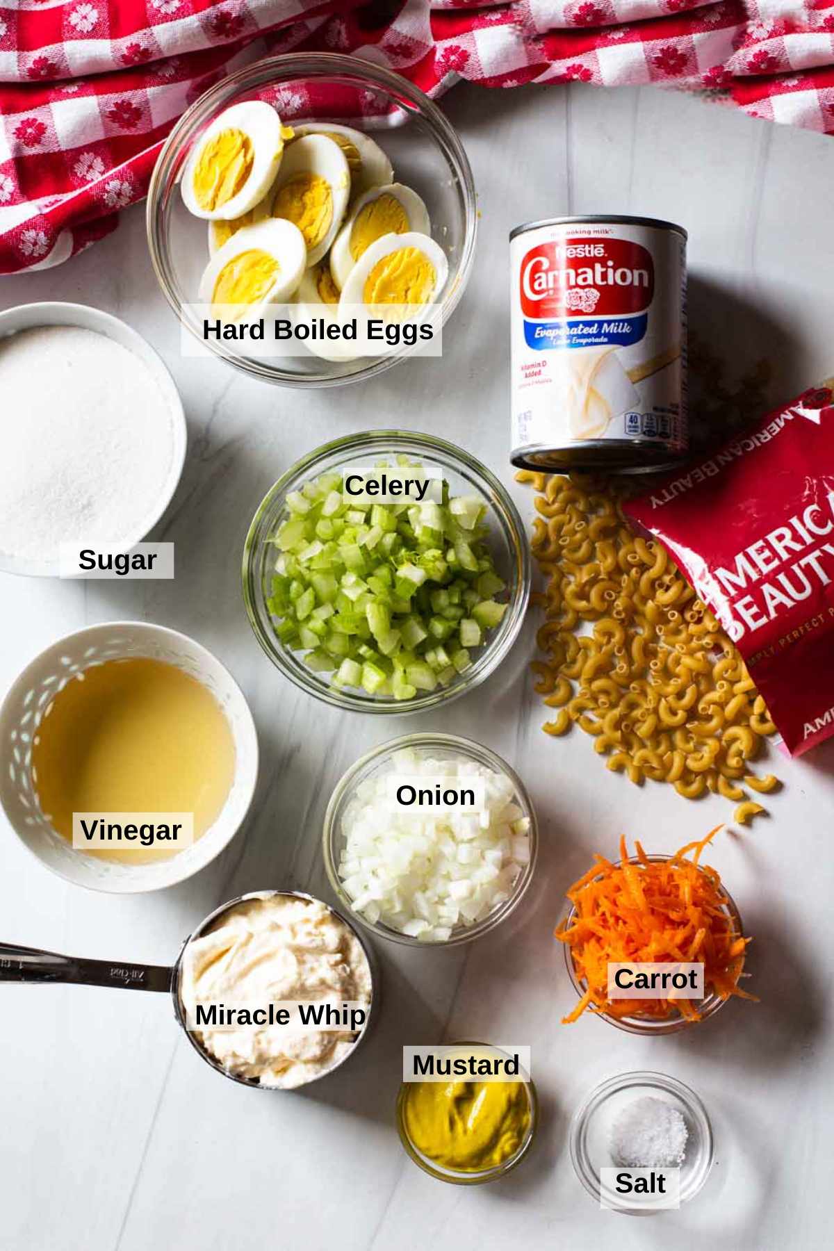 Ingredients to make Amish Macaroni Salad.