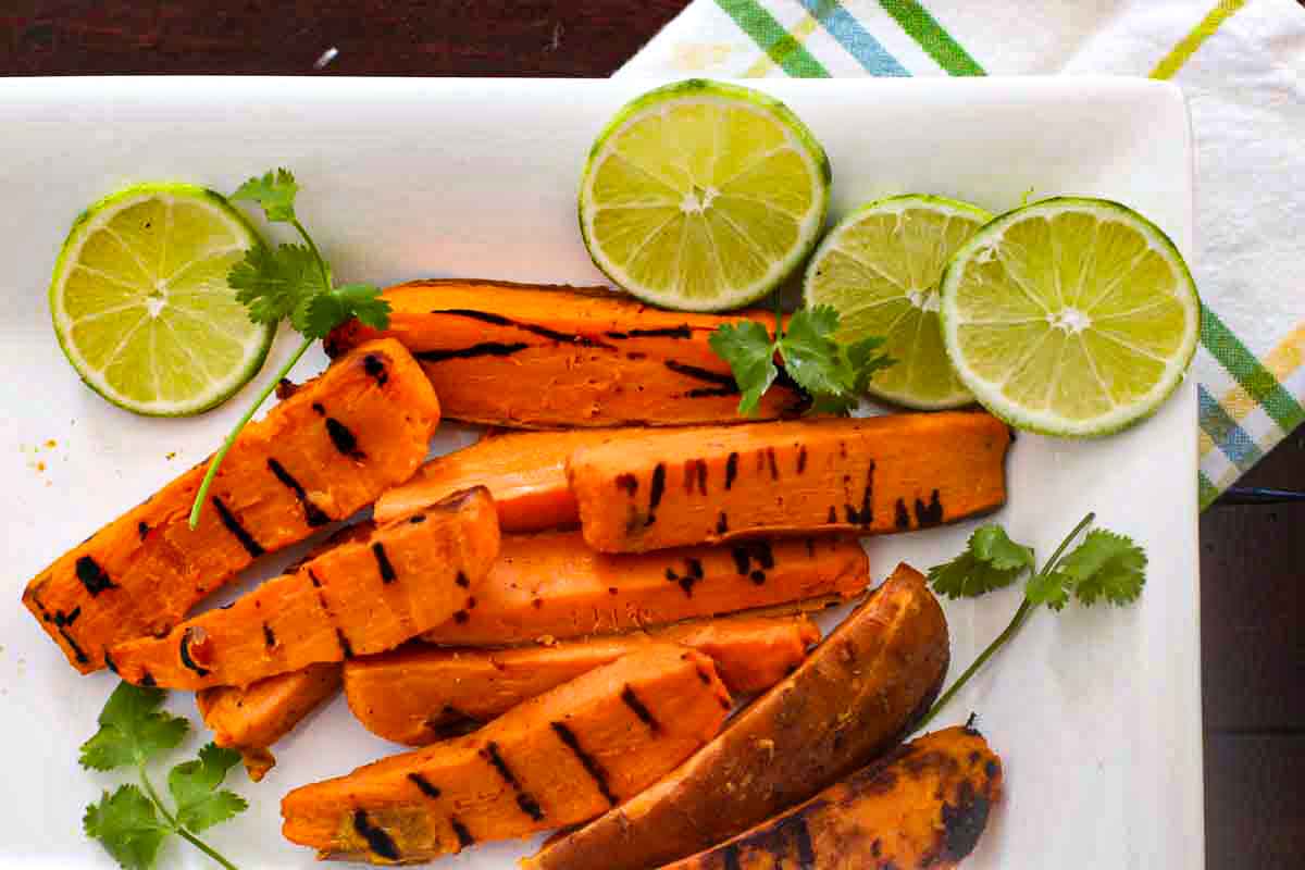 Frilled sweet potato wedges with lime and cilantro.