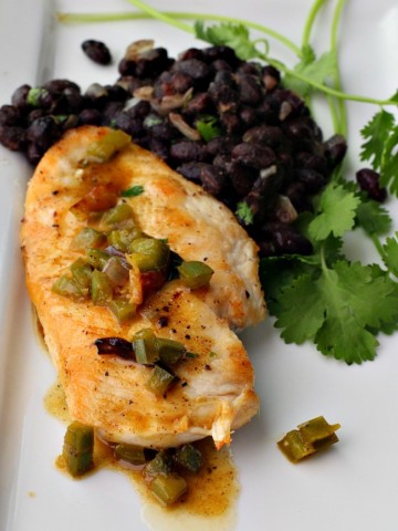 Easy chicken dinner recipe with black beans and orange jalapeno sauce.