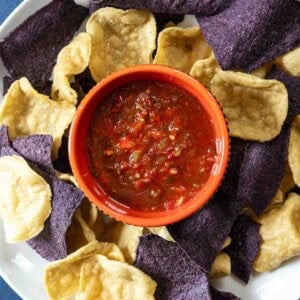 Freezer Salsa in a bowl surrounded by blue and white corn tortilla chips.
