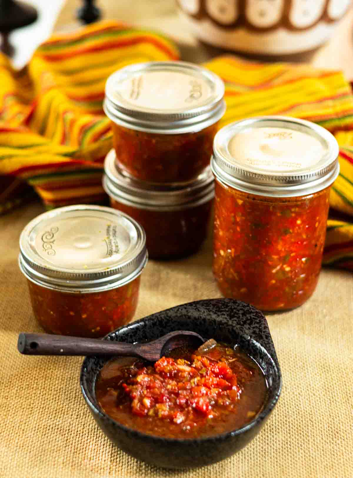 Freezer salsa in canning jars.