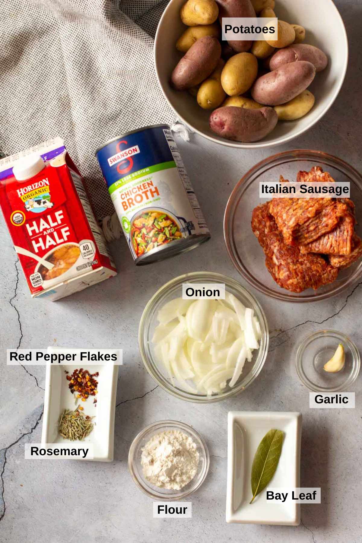 Ingredients to make sausage potato soup.