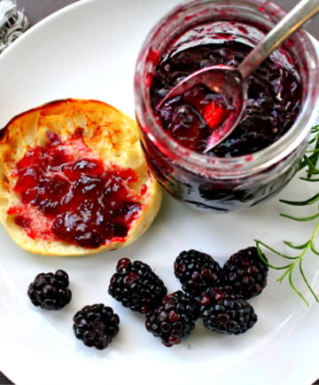 Blackberry Merlot Wine Jelly on an english muffin