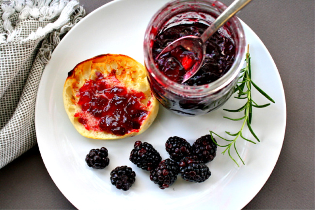 Blackberry Merlot Wine Jelly on an english muffin