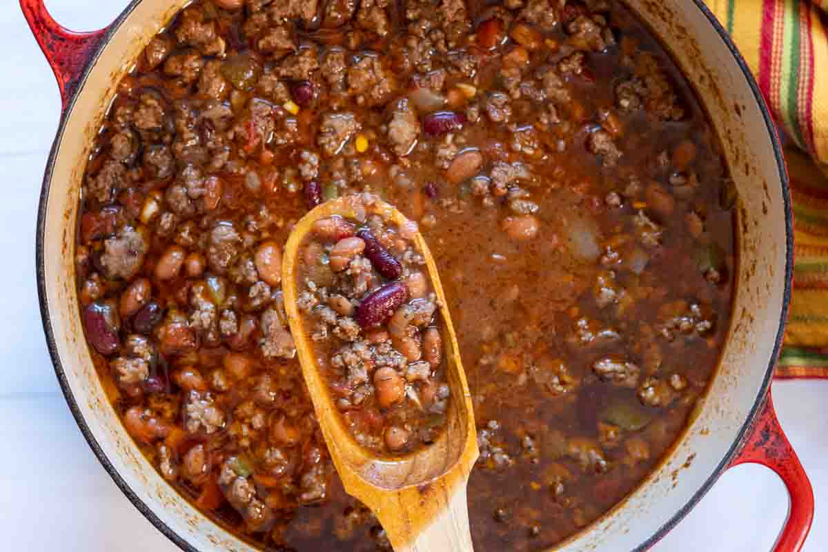 Award winning chili cooked in a Dutch oven.