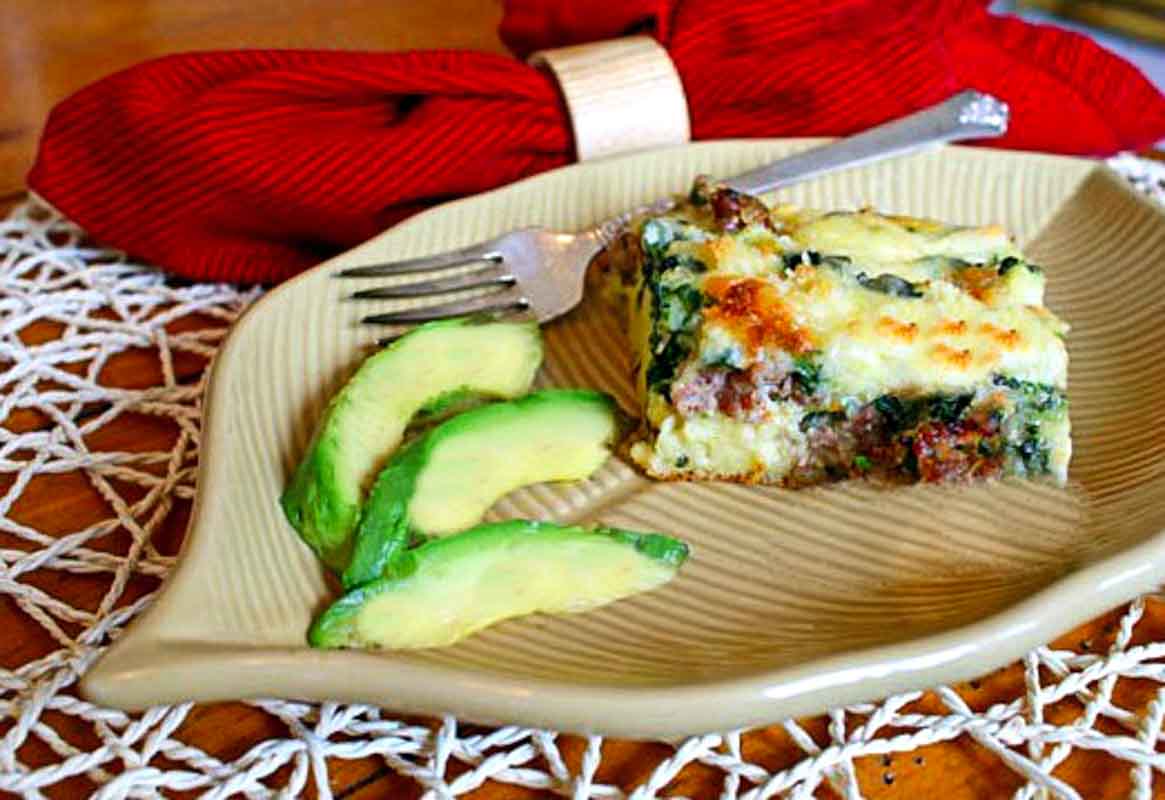 Southwestern biscuit casserole with slices of avocado.