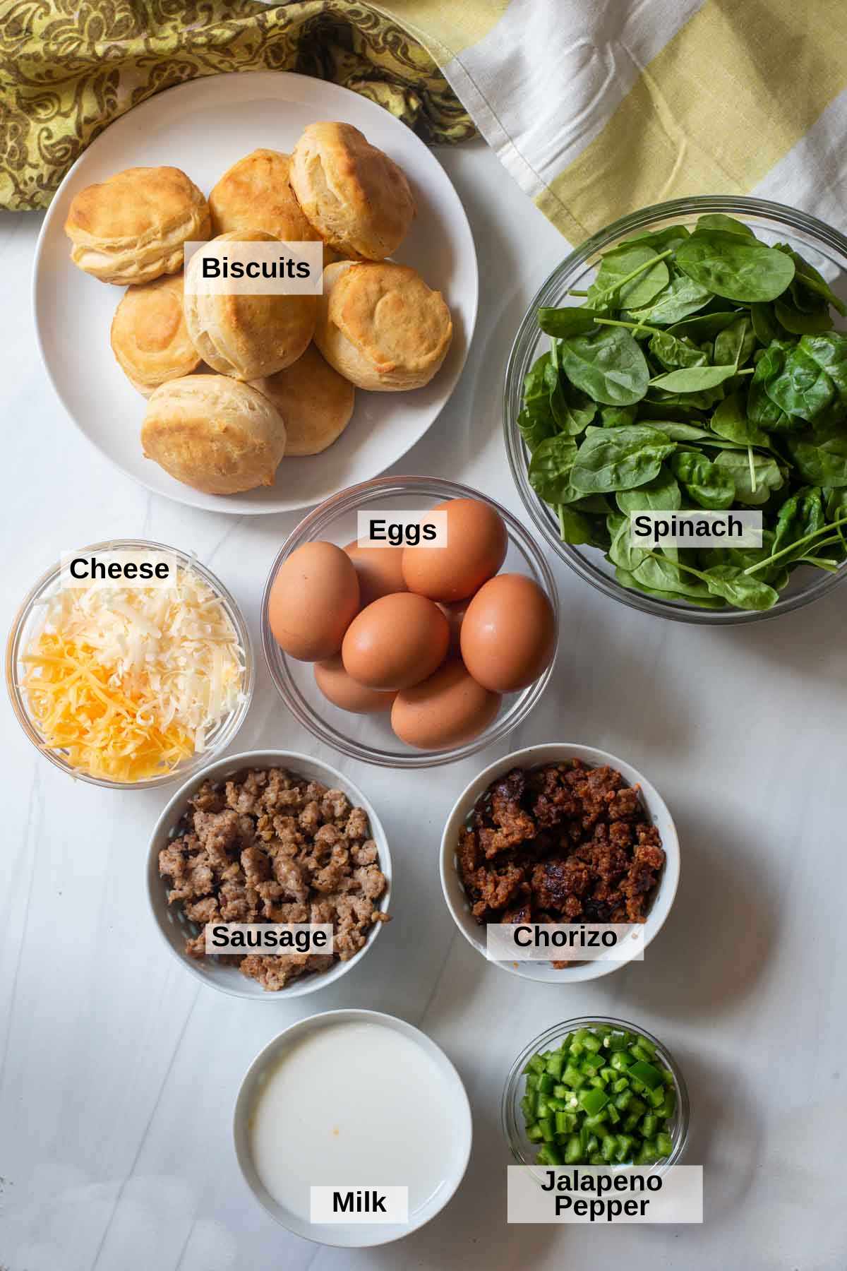 Ingredients to make Sausage Biscuit Breakfast Casserole.