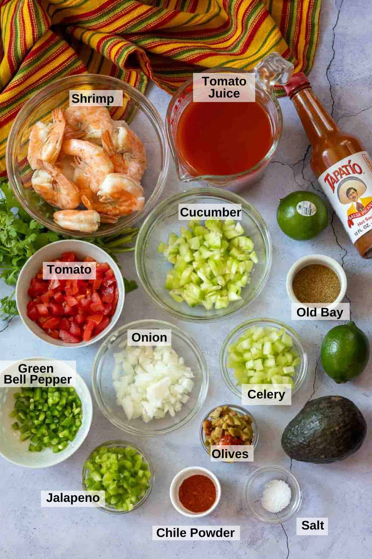 Ingredients to make Campechana Mexican Shrimp Cocktail.